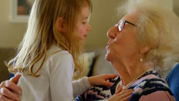 一边看到一位戴着眼镜的外婆和孙女坐在沙发上在家里的客厅里互相亲吻 拥抱和拥抱的家庭 — 图库视频影像