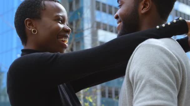 Side View Happy Young Couple Smiling Each Other While Embracing — Stock Video