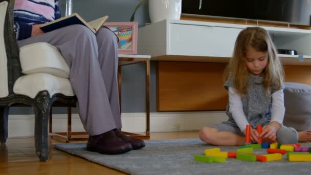 Mädchen Spielt Hause Wohnzimmer Mit Bauklötzen Großmutter Liest Ein Buch — Stockvideo