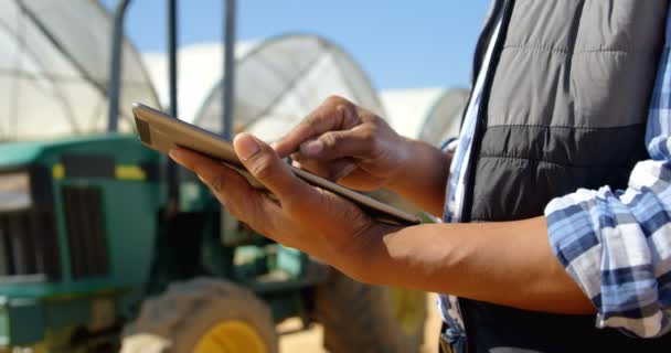 Partie Médiane Homme Utilisant Une Tablette Numérique Dans Ferme Myrtilles — Video