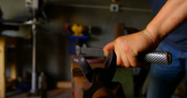 中央女性の鍛冶工場で熱い蹄鉄を成形の部分をクローズ アップ — ストック動画