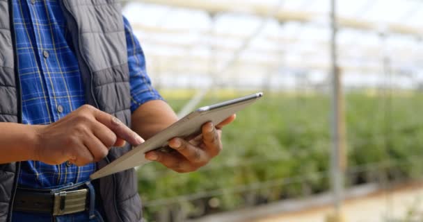 Vista Lateral Seção Média Homem Étnico Usando Tablet Digital Fazenda — Vídeo de Stock