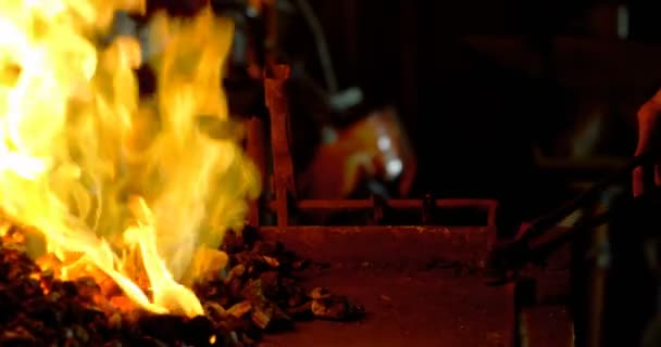 Close Mãos Metaleiro Fêmea Ferradura Aquecimento Ferramenta Fogo Fábrica — Vídeo de Stock