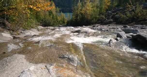Datailní Pohled Vodu Stékající Jezera Obklopen Lesy Výhledem Hory Dálce — Stock video
