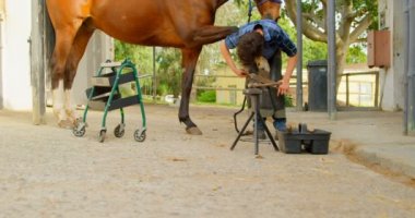At nalı at bacak parlatma kısa saçlı Genç kadın demirci uzak görünümünü.