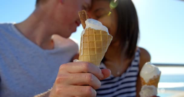 Close Happy Couple Holding Ice Cream Bright Sunlight Background Video Clip