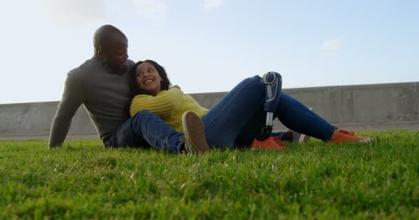 Una Pareja Feliz Interactuando Parque Hermoso Cielo Fondo — Vídeo de stock