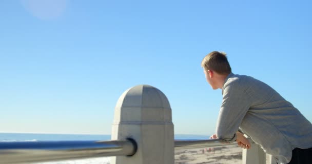 Vista Lateral Del Joven Parado Cerca Las Barandillas Hermoso Cielo — Vídeos de Stock