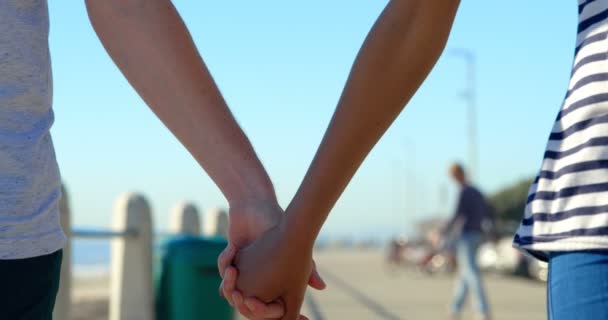 遊歩道を手をつないでを歩くカップルのクローズ アップ カップル手の中央部 — ストック動画