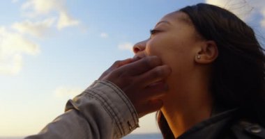 Güneşli bir günde kaç kucaklayan yakın çekim. Gülümseyen mutlu çift 4k