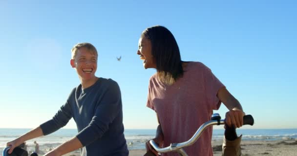 幸福的夫妇在海边骑自行车散步时互相交谈 蓝色的天空和平静的大海在背景4K — 图库视频影像