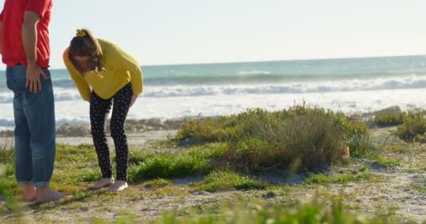 Ungt Par Interagerar Med Varandra Nära Stranden Solig Dag Vacker — Stockvideo