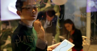 Erkek icra ofiste dijital tablet kullanırken cam tahtada yazılı. İş arkadaşları birbirleriyle 4 k arka planda etkileşim