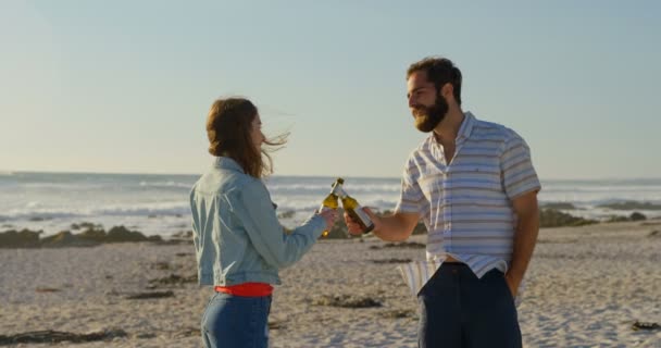 晴れた日にビーチでビールを持っている若いカップル 乾杯ビール瓶 カップル — ストック動画