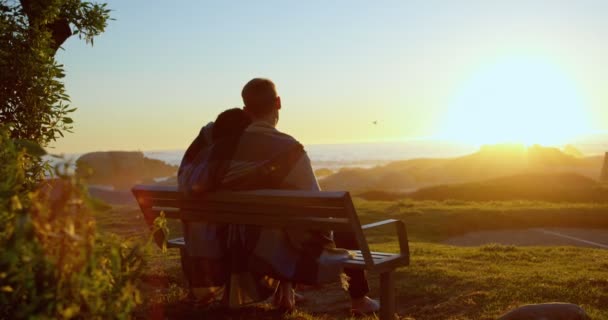 Bakifrån Paret Sitter Bänk Nära Stranden Solnedgången Bakgrunden — Stockvideo