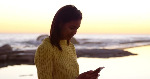 海の近くの携帯電話を使用して美しい女性の側面図です の背景の夕焼け空 — ストック動画