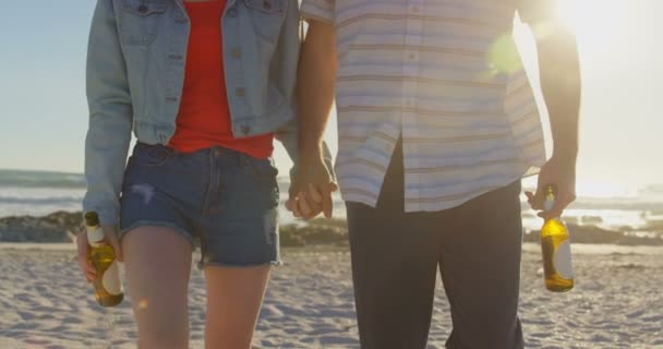 Seção Intermediária Casal Mãos Dadas Com Garrafa Cerveja Andando Praia — Vídeo de Stock