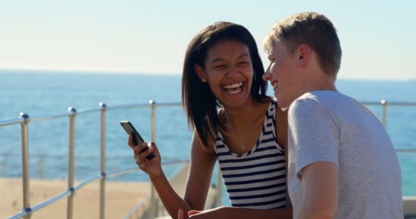 Glückliches Junges Paar Mit Handy Der Nähe Von Geländern Schöner — Stockvideo