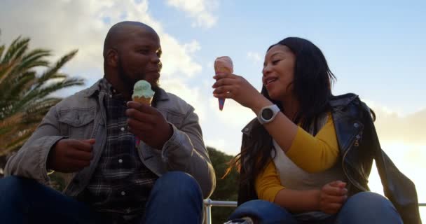 女性障害者男に晴れた日にアイスクリームを供給します 笑顔幸せなカップル — ストック動画