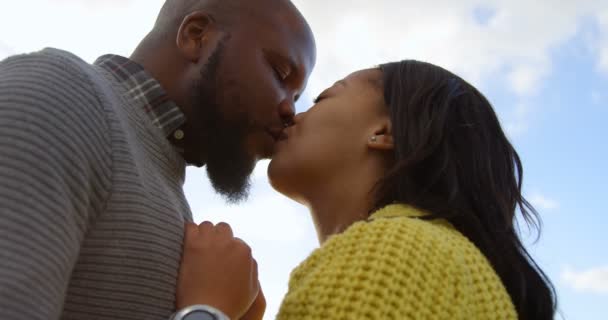 Pareja Romántica Besándose Día Soleado Hermoso Cielo Nubes Fondo — Vídeo de stock