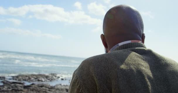 晴れた日に海側近くに立っている男の後姿 美しい空と穏やかな海バック グラウンド — ストック動画