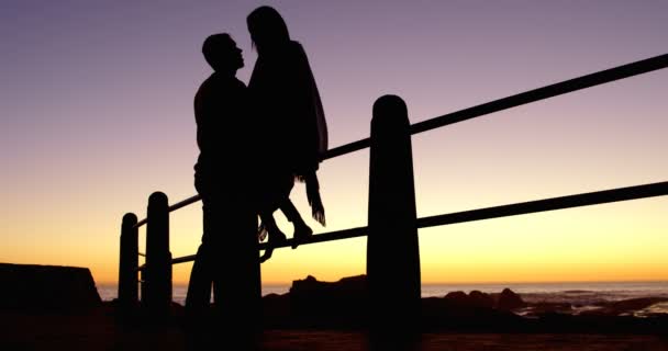 Silhouet Van Het Paar Romancing Buurt Van Leuningen Avondrood Achtergrond — Stockvideo