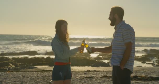 若いカップルがビーチでビール瓶を晴れた日に乾杯します 笑顔幸せなカップル — ストック動画