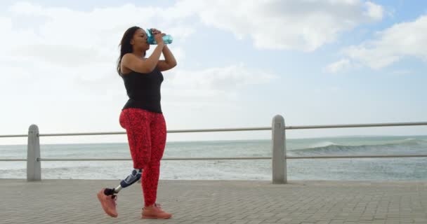 プロムナードの女性障害者飲料水の側面図です の遊歩道の上を歩く女性障害者 — ストック動画