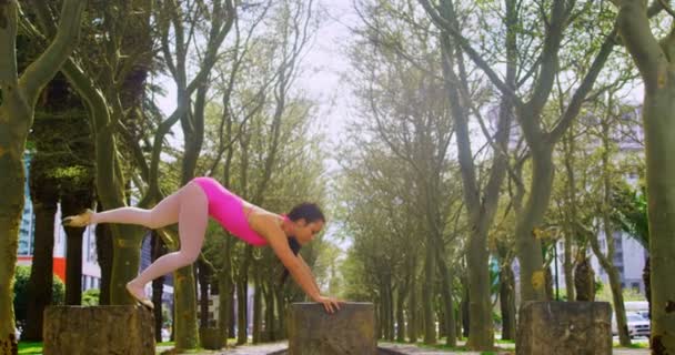 Junge Tänzerin Übt Handstand Park Bäume Hintergrund — Stockvideo