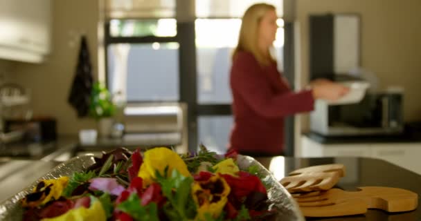 Beautiful Woman Holding Food Tray Kitchen Home Portrait Smiling Woman — Stock Video