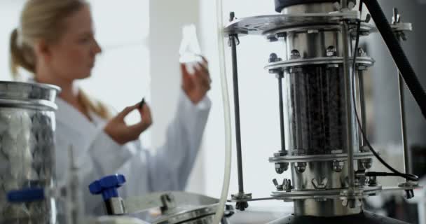 Female Worker Working Distillery Factory Female Worker Holding Looking Flask — Stock Video