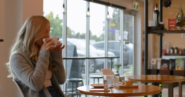 Una Joven Tomando Café Cafetería Hermosa Joven Mujer — Vídeo de stock