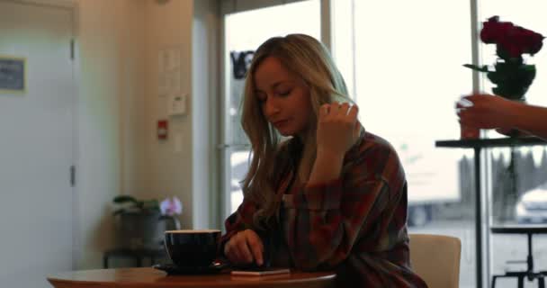 Młody Człowiek Dając Róże Kobiety Kawiarni Kobieta Przy Użyciu Telefonu — Wideo stockowe