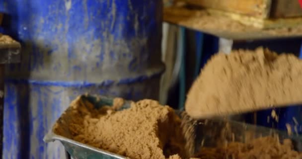 Close Worker Putting Soil Metal Barrel Workshop Coworker Working Background — Stock Video