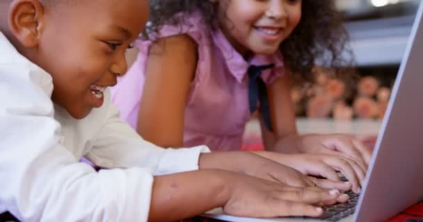 Side View Cute Black Siblings Using Laptop Living Room Comfortable — Stock Video