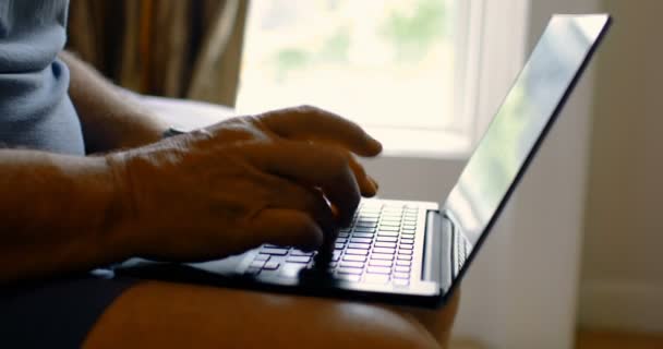 Seção Média Homem Sênior Usando Laptop Uma Casa Confortável Senior — Vídeo de Stock