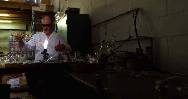 Framifrån Mogen Manlig Arbetstagare Blåser Glas Glasfabrik Mogen Manlig Arbetstagare — Stockvideo