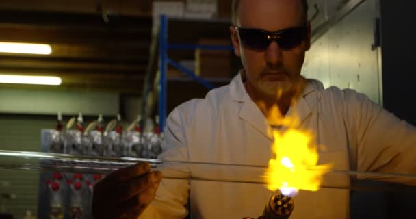 Vista Frontale Del Maturo Lavoratore Maschile Che Soffia Vetro Fabbrica — Video Stock