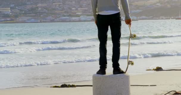 Vista Posteriore Giovani Skateboarder Caucasici Piedi Sulla Spiaggia Guardando Mare — Video Stock