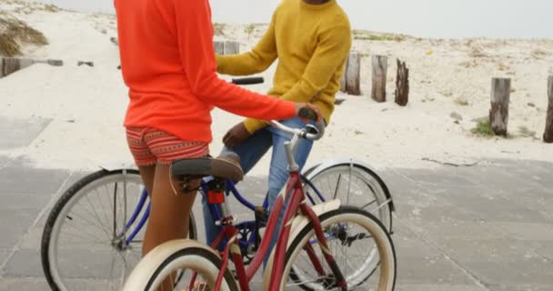 Giovane Coppia Nera Piedi Con Biciclette Spiaggia Una Giornata Sole — Video Stock