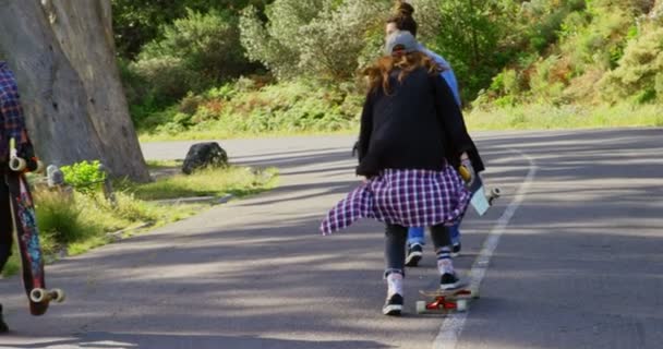 田舎道でスケート ボードと歩いてクールな若い白人男性のスケートボーダーの背面図 — ストック動画