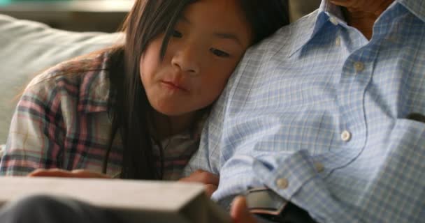 Vooraanzicht Van Leuke Aziatische Kleindochter Oude Senior Grootvader Digitale Tablet — Stockvideo