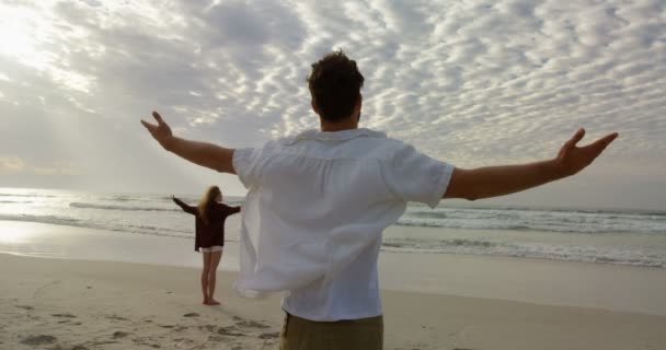 Rear View Young Couple Standing Arms Outstretched Looking Sea Beach — Stock Video