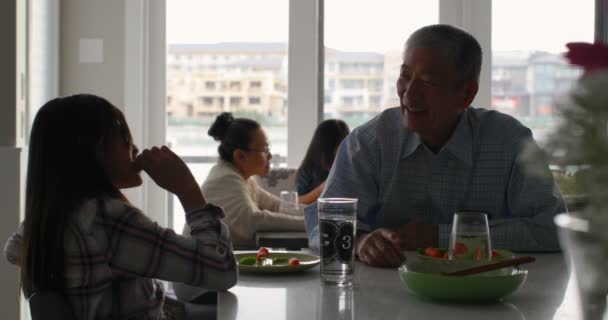 Cute Asian Granddaughter Old Senior Grandfather Eating Food Comfortable Home — Stock Video