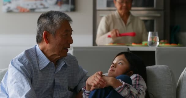 Vooraanzicht Van Leuke Aziatische Kleindochter Interactie Met Haar Oude Senior — Stockvideo