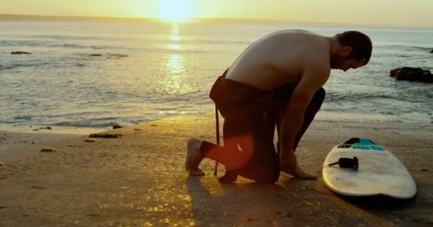 Vista Lateral Homem Caucasiano Médio Adulto Vestindo Terno Surf Praia — Vídeo de Stock