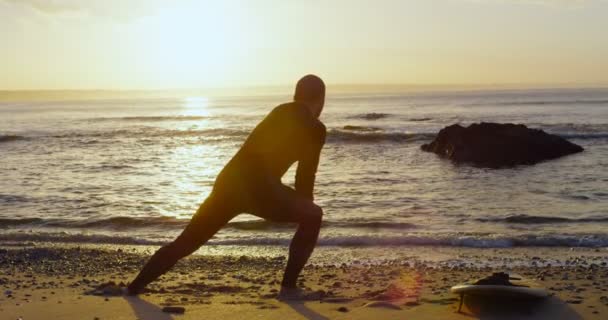 Bakifrån Mitten Vuxen Kaukasiska Manlig Surfare Stretching Och Värmer Upp — Stockvideo
