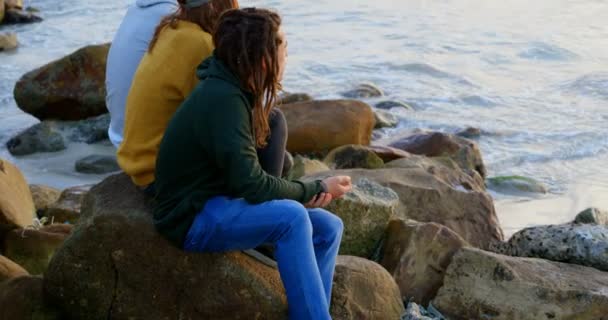 Side View Young Caucasian Friends Sitting Rock Looking Sea Beach — Stock Video