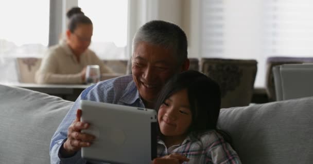 Vista Frontal Linda Nieta Asiática Viejo Abuelo Senior Utilizando Tableta — Vídeo de stock