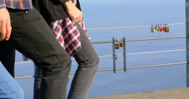 Sidovy Unga Kaukasiska Skateboardåkare Stående Med Skateboard Observationspunkt Unga Skateboardåkare — Stockvideo